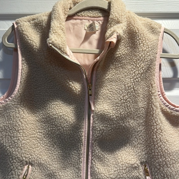 Crewcuts Tan Sherpa Fleece Zip Front Winter Vest 14 Pink Trim - Picture 3 of 6